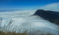 Trên đỉnh Núi Cha, nơi cao nhất dãy núi Mãu Sơn, mây mù bao phủ, nom rất kỳ thú -Ảnh: Ngọc Minh 