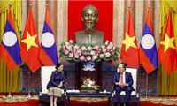 Chủ tịch nước Nguyễn Xuân Phúc tiếp Phó Chủ tịch nước Lào Pany Yathotou. (Ảnh: TTXVN)