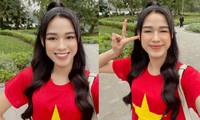 Hoa hậu Đỗ Thị Hà mặc áo cờ đỏ sao vàng, biểu cảm cực dễ thương