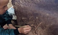 Nhà khảo cổ thu thập hiện vật mộ táng. Ảnh: Duy Chiến