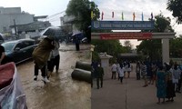 Hà Nội trời đổ mưa to, chiến sĩ công an và tình nguyện viên cõng thí sinh vào điểm thi
