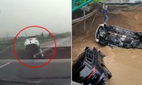 Ô tô lộn nhào xuống lỗ hổng do sập cầu, cho thấy hậu quả của mưa lũ ở Trung Quốc