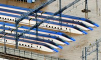 Các tàu cao tốc Shinkansen bị ngập tại nhà ga ở thành phố Nagano khi bão Hagibis đổ bộ tháng trước. Ảnh: Reuters.