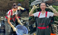 Hoa hậu Thùy Tiên mặc đồ bảo hộ, không ngại lội giữa bùn rác