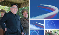 Chủ tịch Kim Jong-un hào hứng xem máy bay thi đấu. Ảnh: Rodong Sinmun
