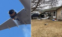 Động cơ máy bay cháy đen (trái) và mảnh vỡ động cơ rơi xuống nhà dân (phải). Ảnh: RT