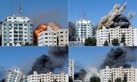 Tòa nhà nơi đặt trụ sở hãng tin AP và Al Jazeera ở Dải Gaza bị Israel đánh sập. Ảnh: Reuters