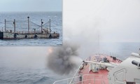 Pháo hạm AK 176 trên Tàu 016 - Quang Trung bắn mục tiêu trên biển (ảnh nhỏ) trong nội dung thi ngày 24/8. Ảnh: Hải Âu