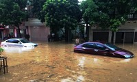 Nhiều ô tô bị ngập nặng, phải nằm lại trên đường Hoàng Quốc Việt, thành phố Lào Cai. ​