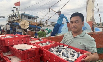 Phạm Tuyển vui mừng bưng khay cá giao cho các đầu mối
