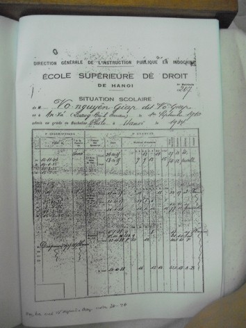 Học bạ của Đại tướng Võ Nguyên Giáp tại trường Cao đẳng Luật Hà Nội (1934 - 1938)