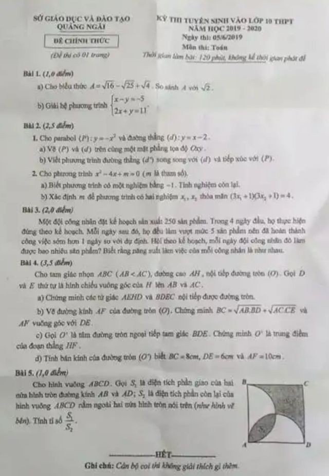 Quảng Ngãi: Đề Toán tuyển sinh lớp 10 có 2 bài giống một đề thi thử? ảnh 1