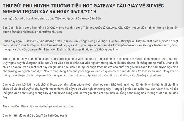 Trường Gateway thông báo vô cảm về bé lớp 1 tử vong trên xe buýt? ảnh 2