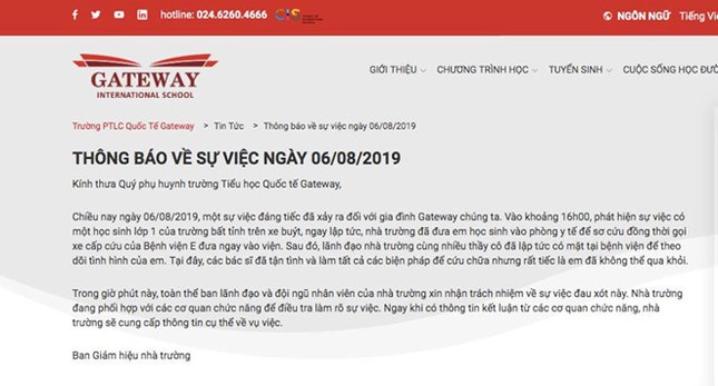 Trường Gateway thông báo vô cảm về bé lớp 1 tử vong trên xe buýt? ảnh 1