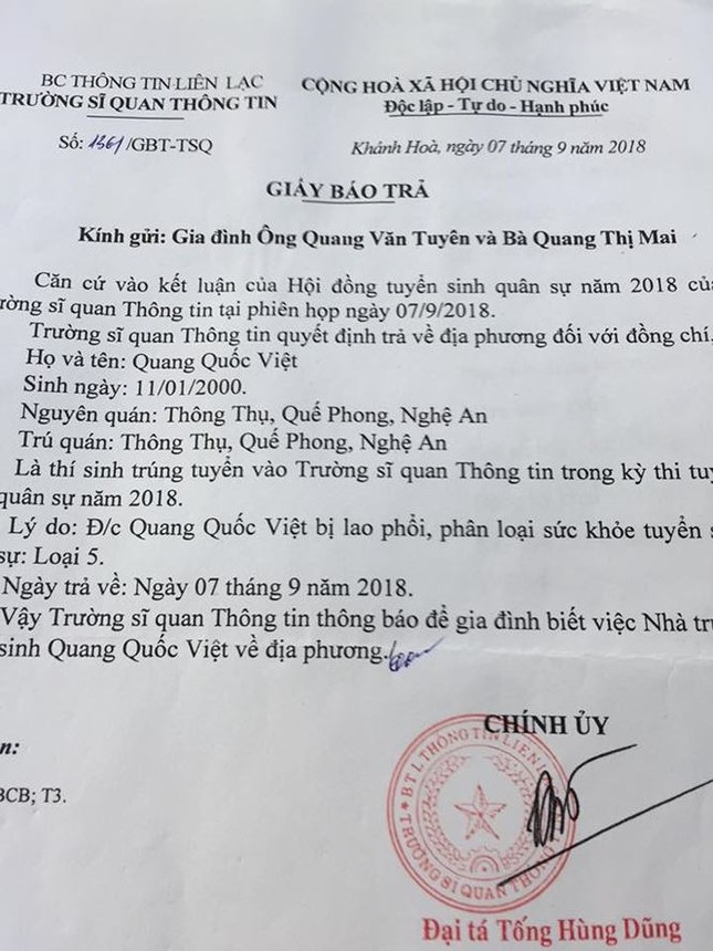 Bộ Quốc Phòng kết luận vụ nam sinh bị trường Sỹ quan thông tin trả về ảnh 2