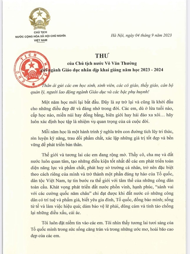 Chủ tịch nước Võ Văn Thưởng gửi thư cho ngành Giáo dục dịp khai giảng năm học mới ảnh 2