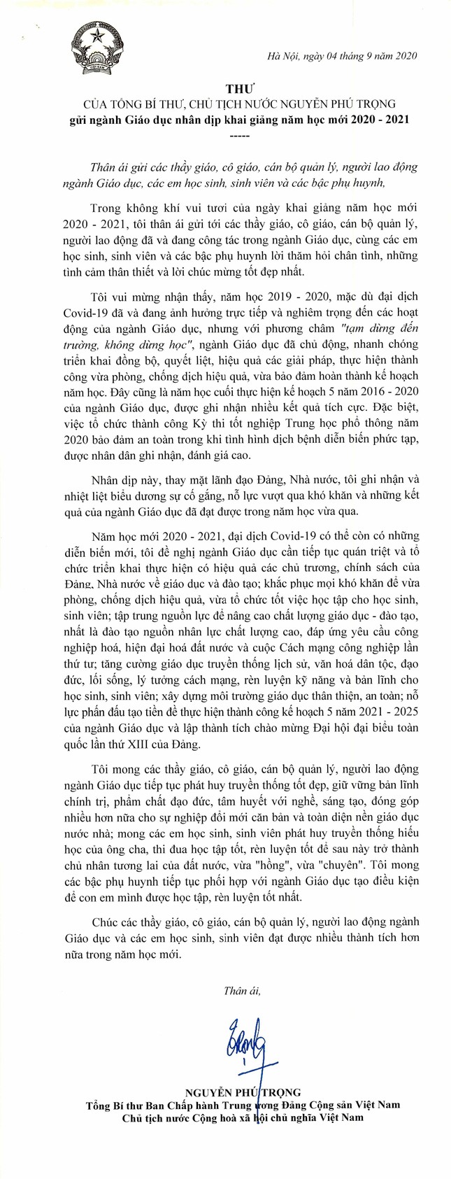 Thư gửi giáo viên, học sinh của Tổng Bí thư, Chủ tịch nước dịp khai giảng năm học mới ảnh 1