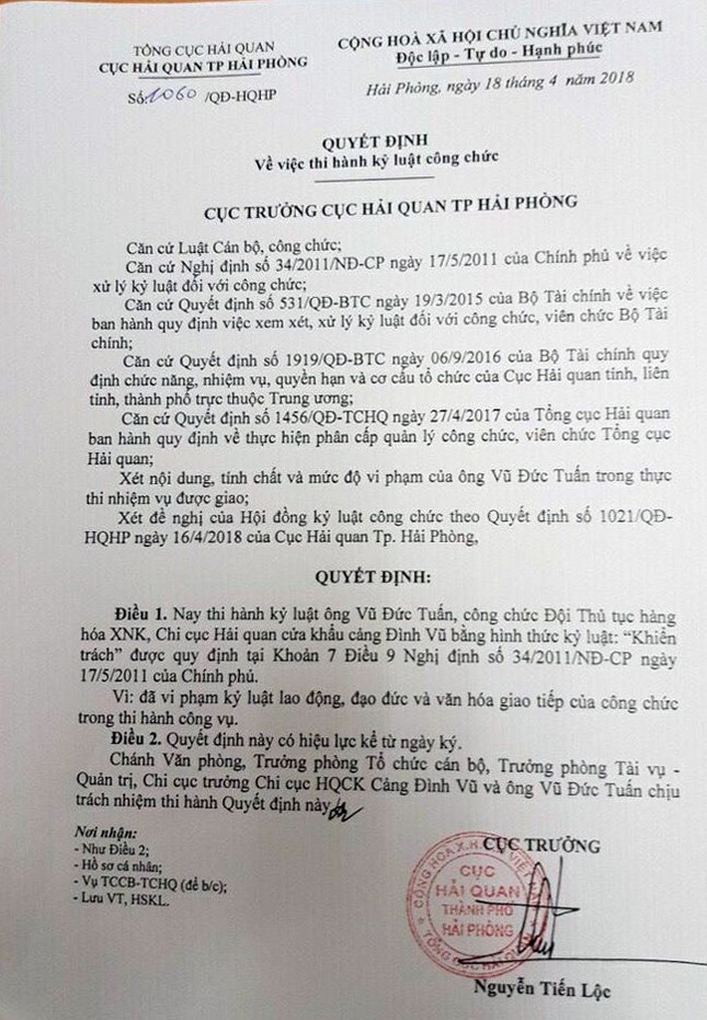 5 cán bộ hải quan Hải Phòng chỉ bị khiển trách ảnh 1