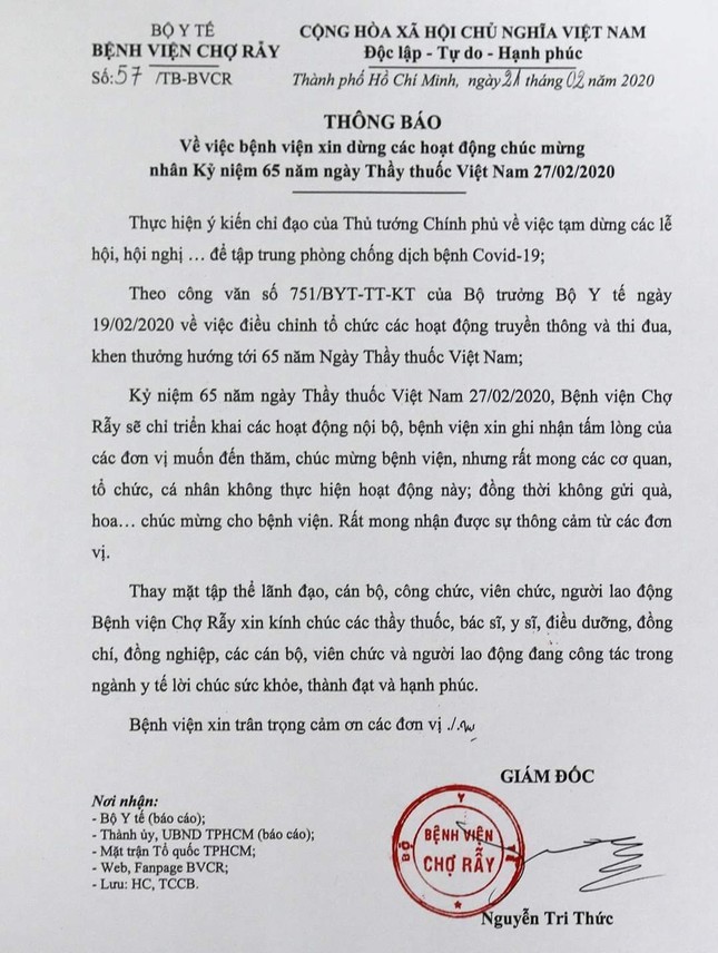 Bệnh viện xin dừng hoạt động mừng ngày Thầy thuốc để phòng dịch ảnh 1