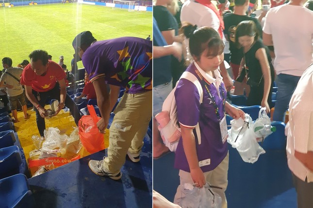 CĐV Việt Nam, Lào, Campuchia ở lại dọn rác sau trận đấu SEA Games 32 ảnh 1