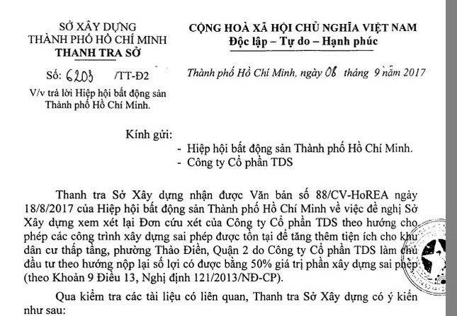 TPHCM bác đề nghị 'hợp thức hóa sai phạm' dự án Thảo Điền Sapphire ảnh 1