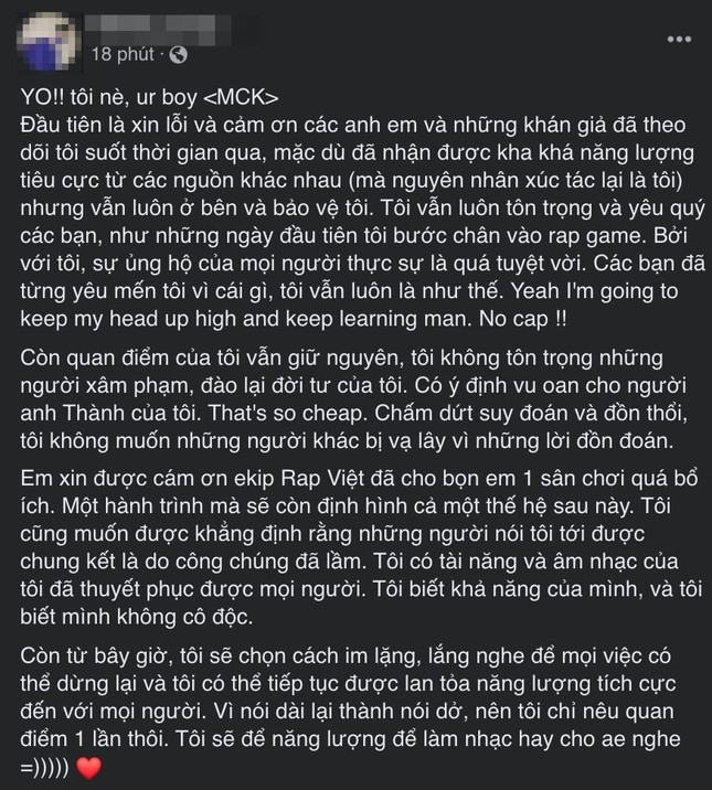 Rap Việt: MCK bất ngờ “hạ giọng” đăng tải tâm thư sau loạt phát ngôn gắt ảnh 2