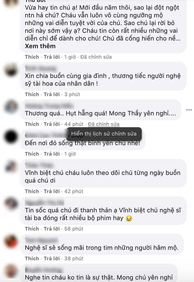 Người hâm mộ và nhiều nghệ sĩ bày tỏ sự tiếc thương tại trang Facebook của cố NSND Hoàng Dũng ảnh 6