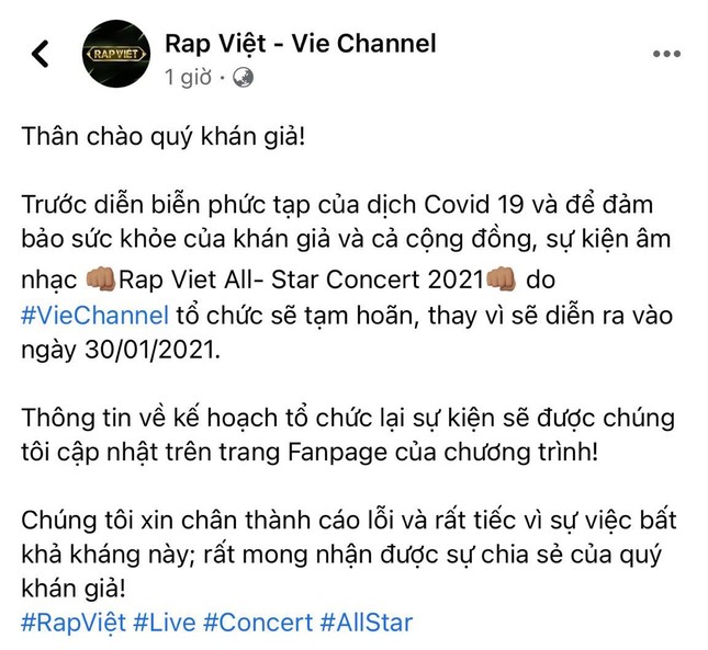 Ngay trước đêm diễn, “Rap Việt: All-Star Live Concert 2021” thông báo tạm hoãn vì dịch ảnh 2