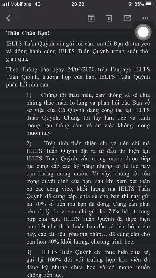 Vụ giáo viên IELTS Tuấn Quỳnh khai khống điểm: Chỉ hoàn trả 70% học phí cho học viên ảnh 2