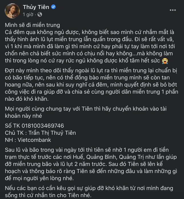 Thủy Tiên, H'Hen Niê cùng loạt sao Việt kêu gọi ủng hộ đồng bào miền Trung trong mùa bão ảnh 1