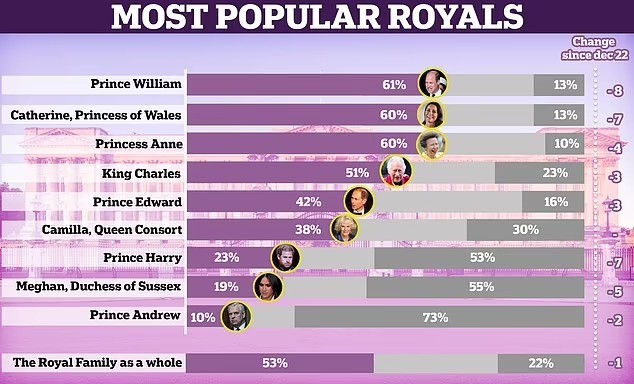 Vua Charles, William - Kate và Harry - Meghan đều bị sụt giảm danh tiếng ảnh 1