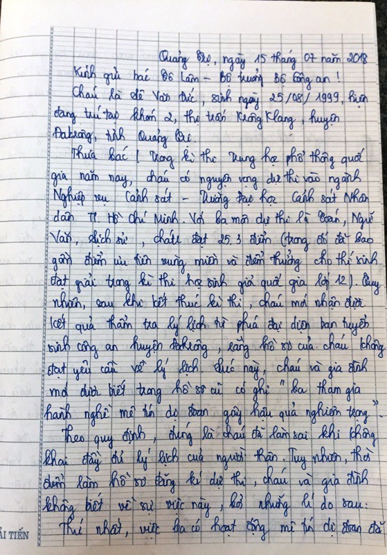 “Vướng” lý lịch, nam sinh viết thư cầu cứu Bộ trưởng Bộ Công an ảnh 1