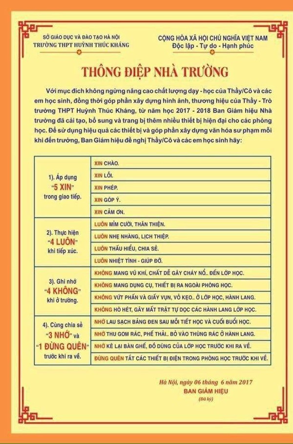 Hà Nội: Thú vị thông điệp “5 xin, 4 luôn” của trường THPT ảnh 1