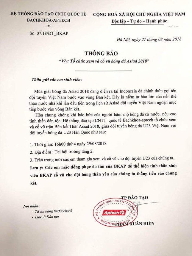 Hàng loạt công ty, trường học thông báo nghỉ để cổ vũ cho đội tuyển Olympic Việt Nam ảnh 4