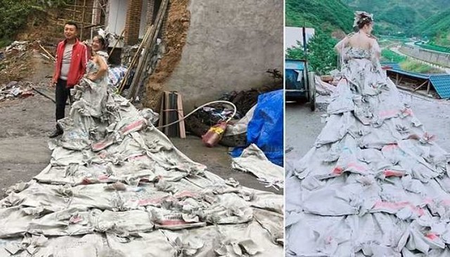 Váy cưới "độc nhất vô nhị" làm từ vỏ bao xi măng, ai nhìn cũng khen vì sáng tạo ảnh 1