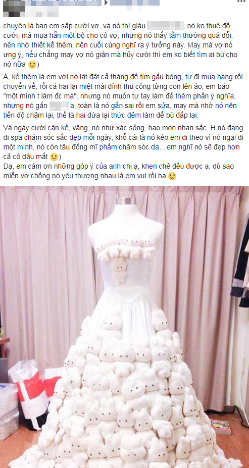 Thấy váy cưới đặt mua "tầm thường", chú rể dành cả tháng thiết kế rồi gắn gấu bông lên ảnh 1