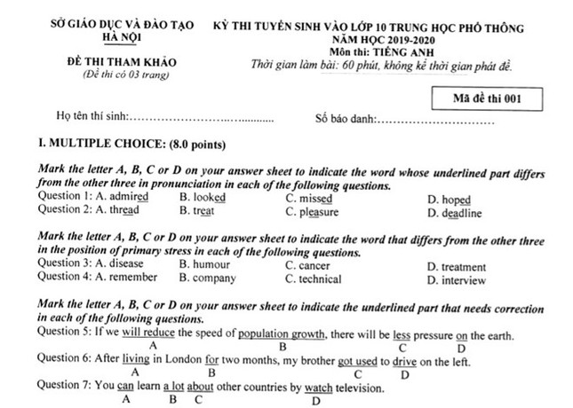 Đề thi tham khảo vào lớp 10 ở Hà Nội: Khó đạt điểm 10 môn Tiếng Anh ảnh 1