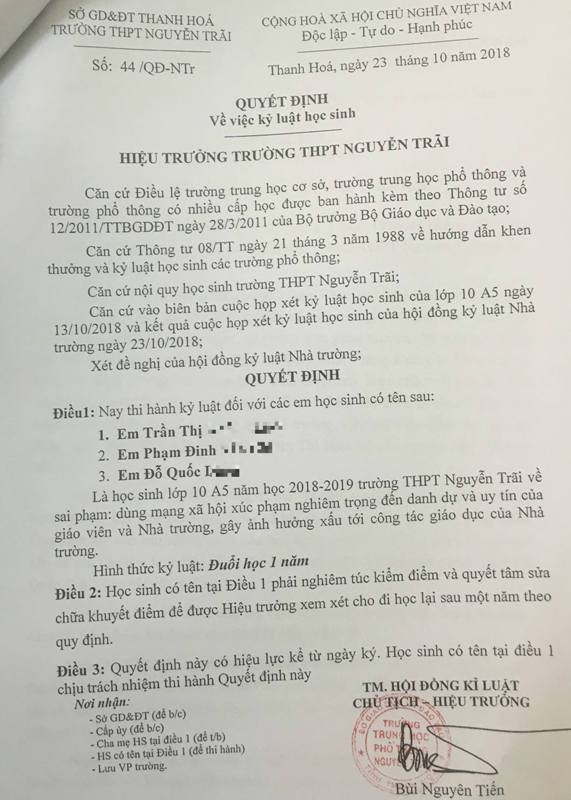 Vụ 7 học sinh bị đuổi học vì xúc phạm thầy cô trên facebook: Thu hồi các quyết định kỷ luật ảnh 1