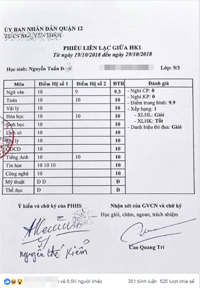 Bảng điểm toàn 10 của "con nhà người ta", phụ huynh nhắc tên con ở bình luận để "dằn mặt" ảnh 1