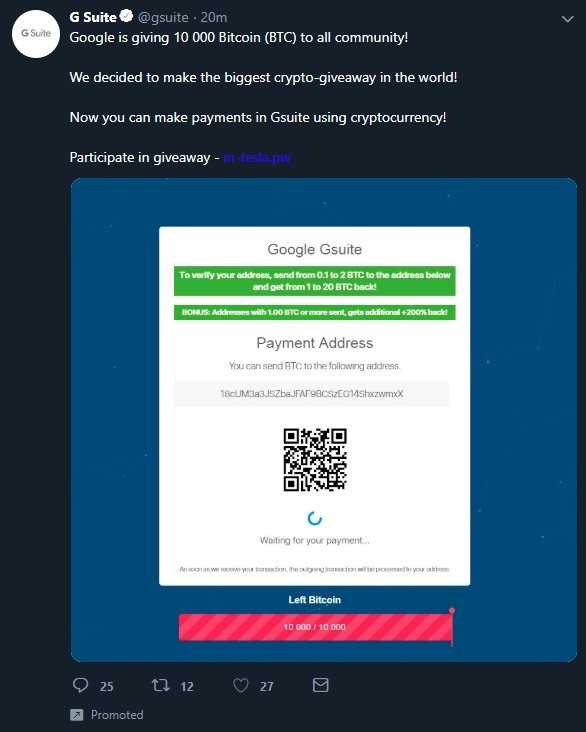 Tài khoản Google trên Twitter bị hack, hứa tặng 10.000 Bitcoin ảnh 1