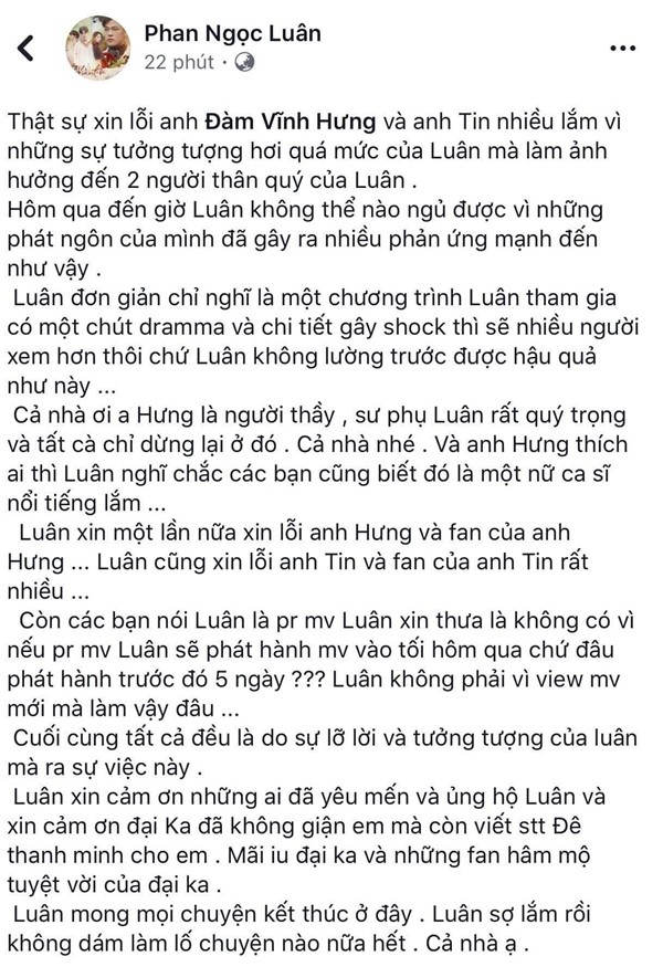 Phan Ngọc Luân lên tiếng xin lỗi Đàm Vĩnh Hưng vì câu chuyện tình cảm "tưởng tượng" ảnh 2