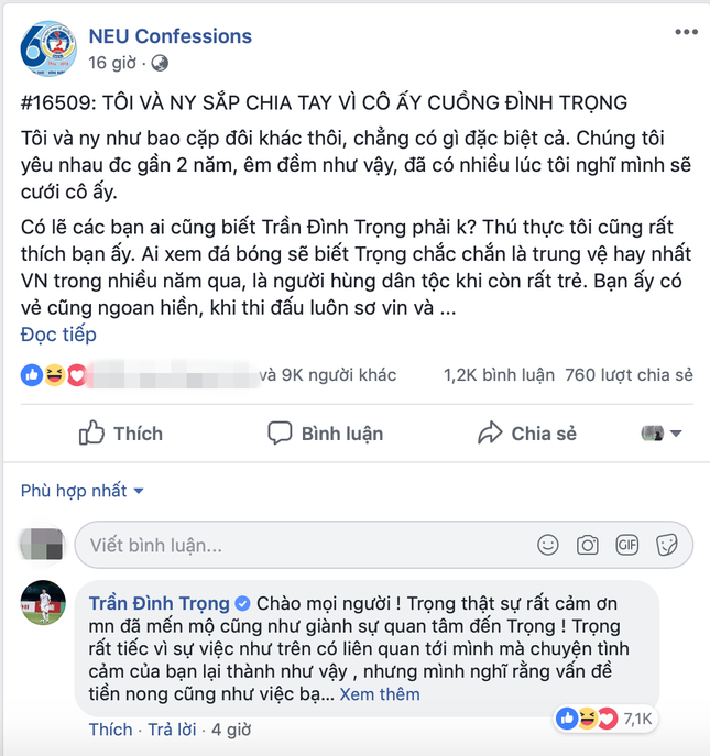 Bị coi là nguyên nhân khiến fan chia tay người yêu, cầu thủ Đình Trọng bất ngờ lên tiếng ảnh 2