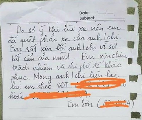 Chủ ôtô nói gì khi nhận được mẩu giấy xin lỗi vì làm xước xe? ảnh 1