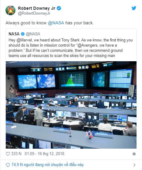 "Người sắt" Robert Downey Jr. dí dỏm cảm ơn NASA vì kế hoạch giải cứu Tony Stark ảnh 1