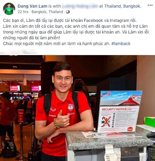 Vui mừng lấy lại tài khoản Facebook, Đặng Văn Lâm không quên xin lỗi vì làm phiền NHM ảnh 1