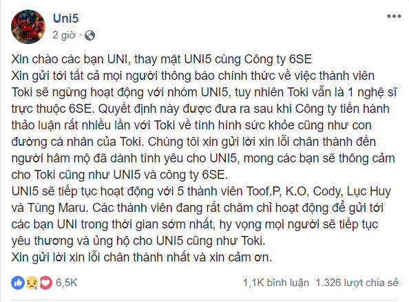 Không còn là tin đồn, Toki Thành Thỏ chính thức xác nhận rời nhóm Uni5 ảnh 1