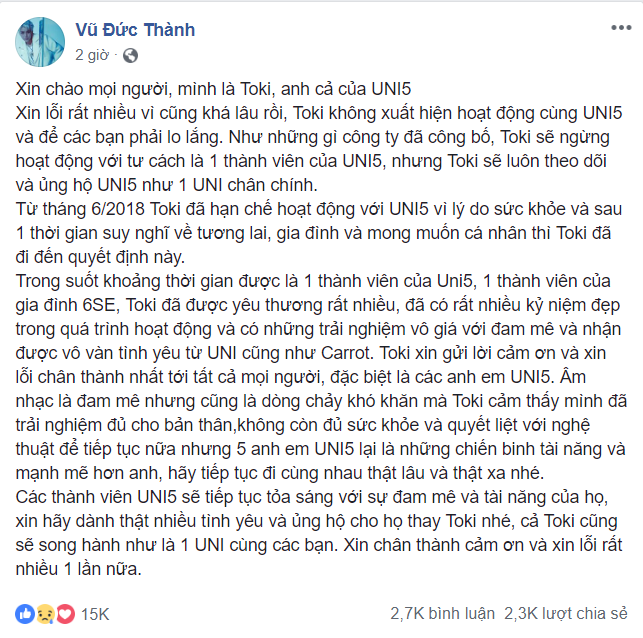 Không còn là tin đồn, Toki Thành Thỏ chính thức xác nhận rời nhóm Uni5 ảnh 3