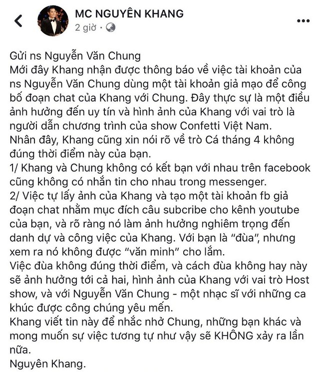 MC Nguyên Khang bức xúc khi bị nhạc sĩ Nguyễn Văn Chung tung tin đồn làm lộ đáp án gameshow "Confetti" ảnh 4