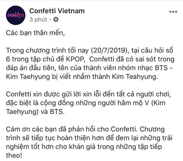 "Confetti Vietnam" gửi lời xin lỗi đến các fan của BTS vì viết sai tên thành viên V ảnh 1