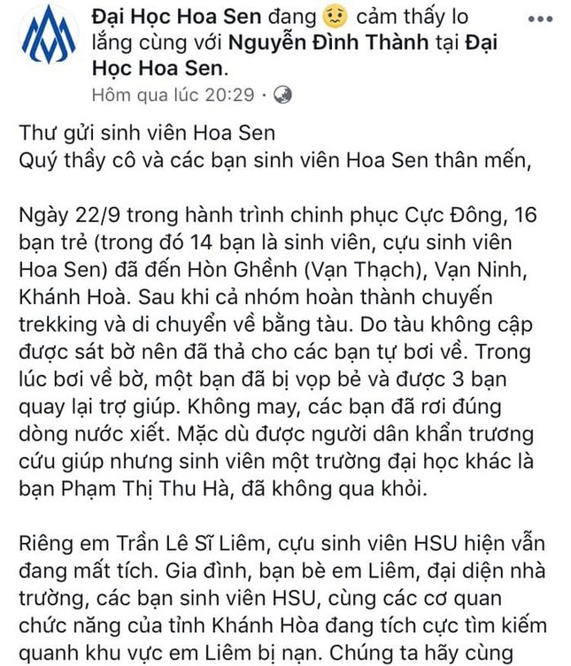 Cựu sinh viên mất tích trên biển, Hiệu trưởng ĐH Hoa Sen viết tâm thư bày tỏ sự lo lắng ảnh 1